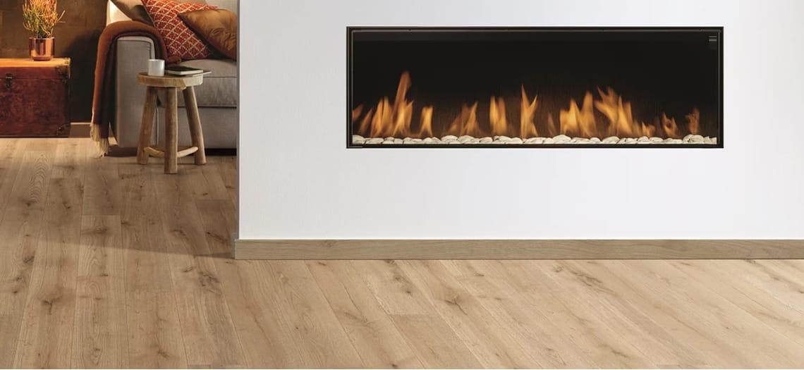 Woonkamer met een moderne gashaard en een lichte plankenvloer
